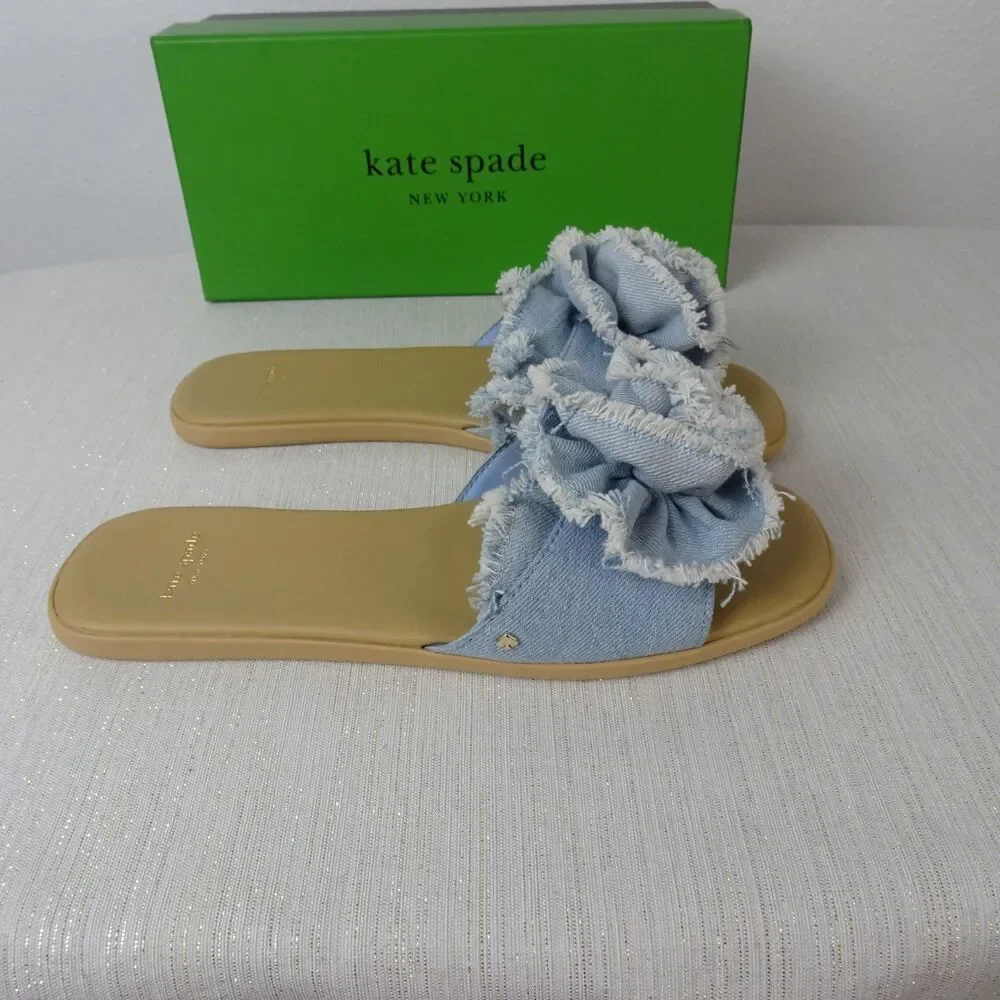 Kate Spade Women's Flourish Denim Flower Flat Sandals Slip Ons Flower New 7.5